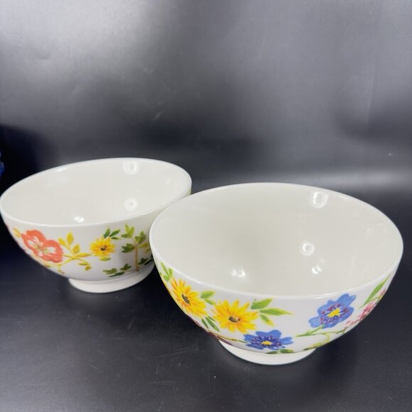 ANTHROPOLOGIE Ceramic Deep Dish Bowl Set 2 Dishes Bowls Flower Multicolor Pair - Picture 11 of 16